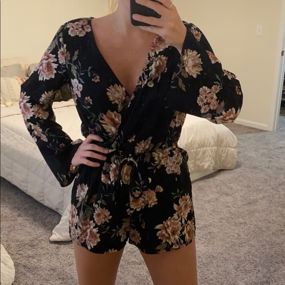 Black floral romper with tie on shorts